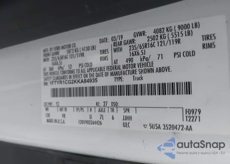 2019 Ford Transit-250 из США, поврежденный, VIN 1FTYR1CG2KKA84935